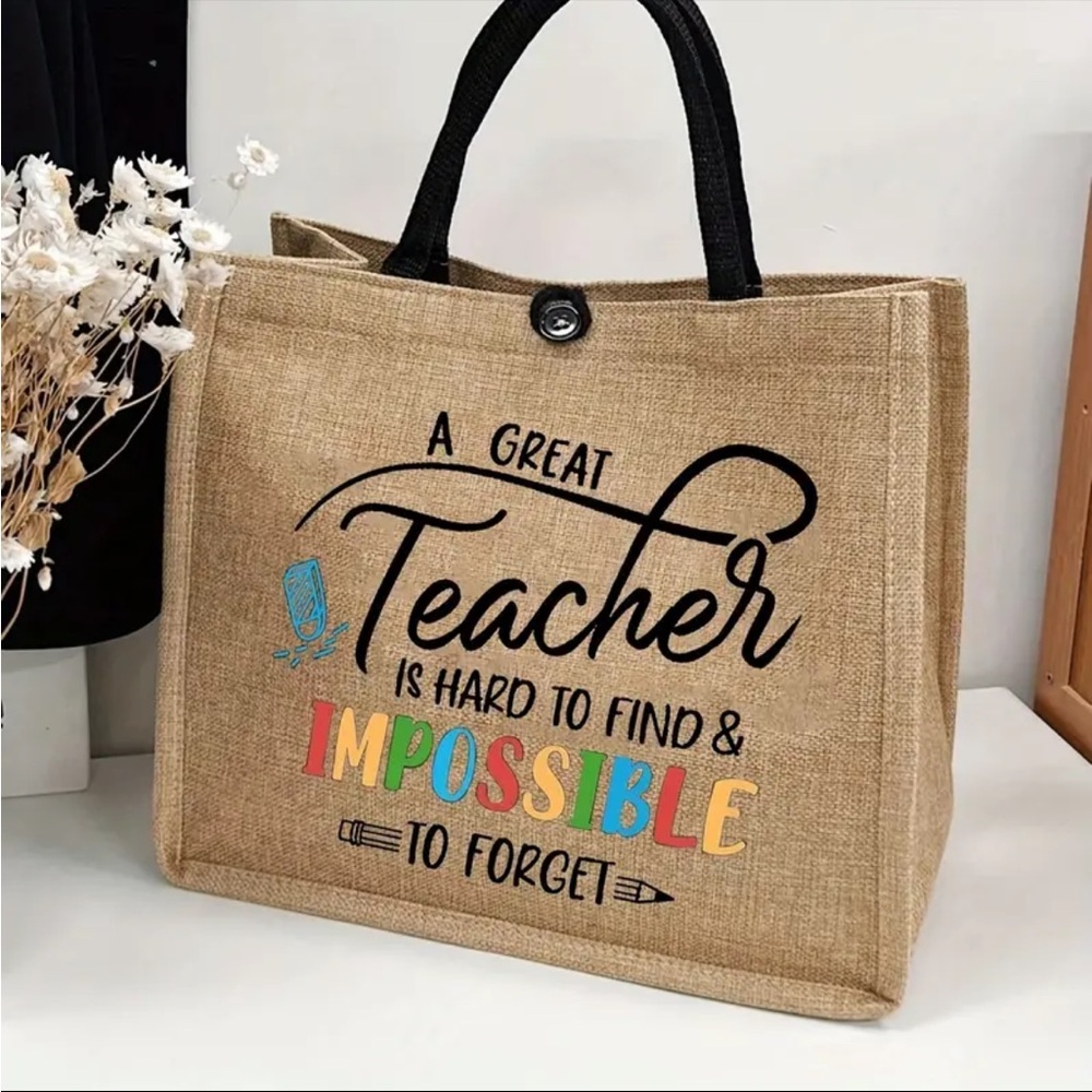Tote- “ A Great Teacher…” canvas, printing on one side. Polyester lined, pocket